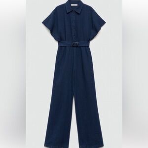 Mango Chambray Blue‎ Belted Jumpsuit NWT